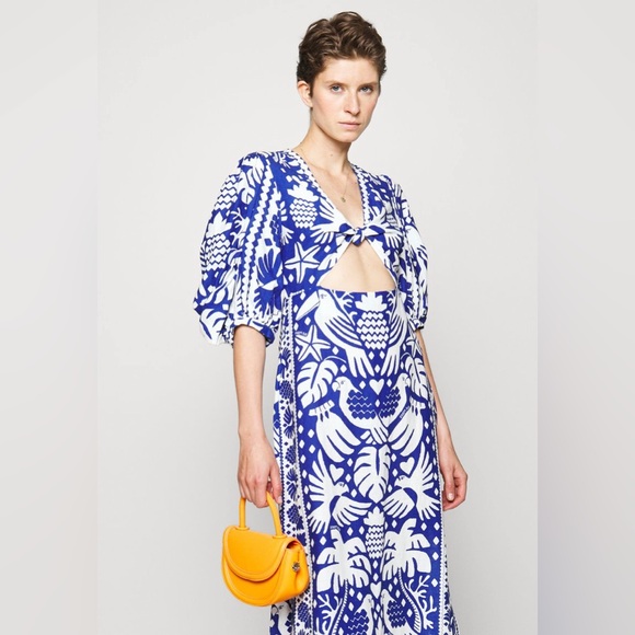 Rare NWT Farm Rio Jungle Scarf Midi Dress Cutout Birds Blue White Navy - Picture 6 of 14